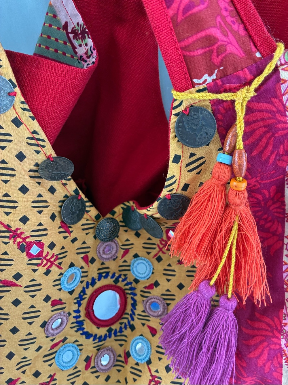 Boho Embroidered Tassel Shoulder Bag in Mustard & Red NEW
